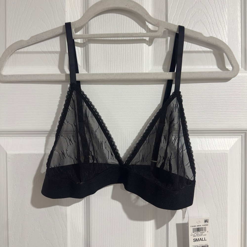INC International Concepts Womens Black Mesh Logo Triangle Bralette Small NWT